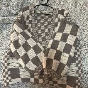 brownish-gray/cream checkered cardigan. medium but oversized. brand new.